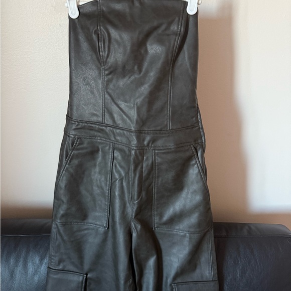 Dark green  Faux Leather Cargo Jumpsuit - Picture 2 of 7